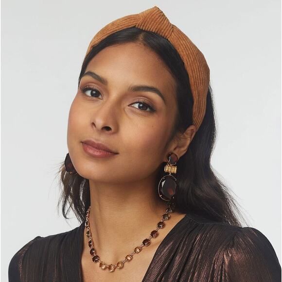 RARE Lele Sadoughi Timeless Camel Corduroy Knotted Everyday Headband Gold Logo - Picture 9 of 10